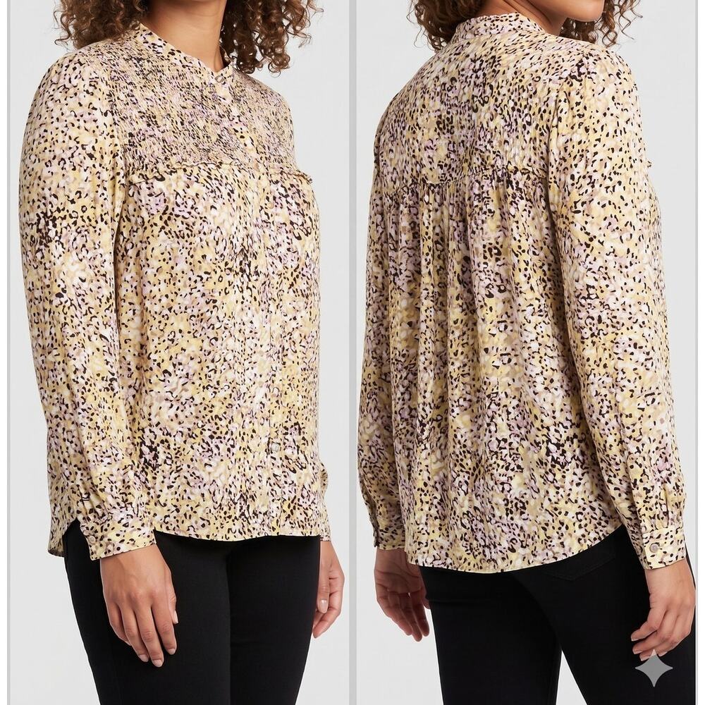Time and Tru Womens Medium Button Front Blouse Top Yellow Black Print Viscose